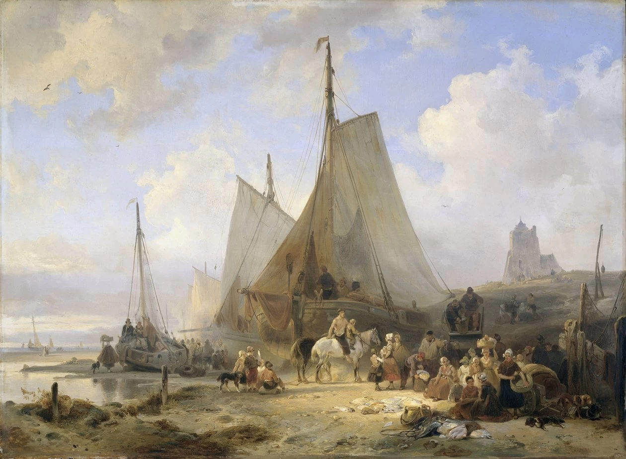 Wijnand Nuyen-6-Barche da Pesca sulla Spiaggia con Pescatori e Donne che Ordinano il Pesce - Rijksmuseum Amsterdam
